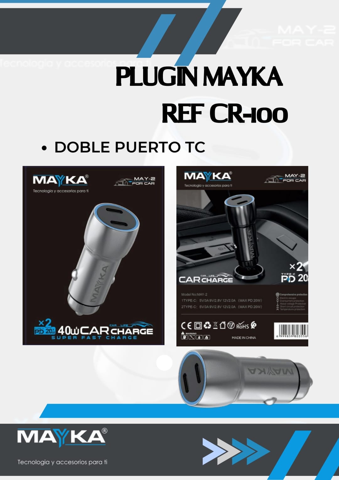 CARGADOR DE CARRO MAYKA 40W